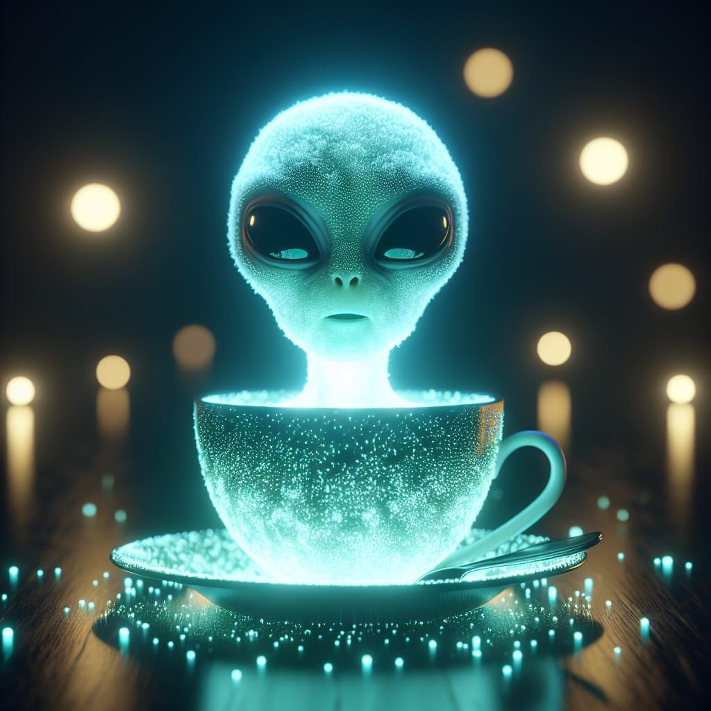 Eerie Alien Emerges from Bioluminescent Teacup