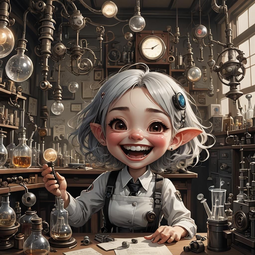 Maniacal Science Girl in Art Brut Style