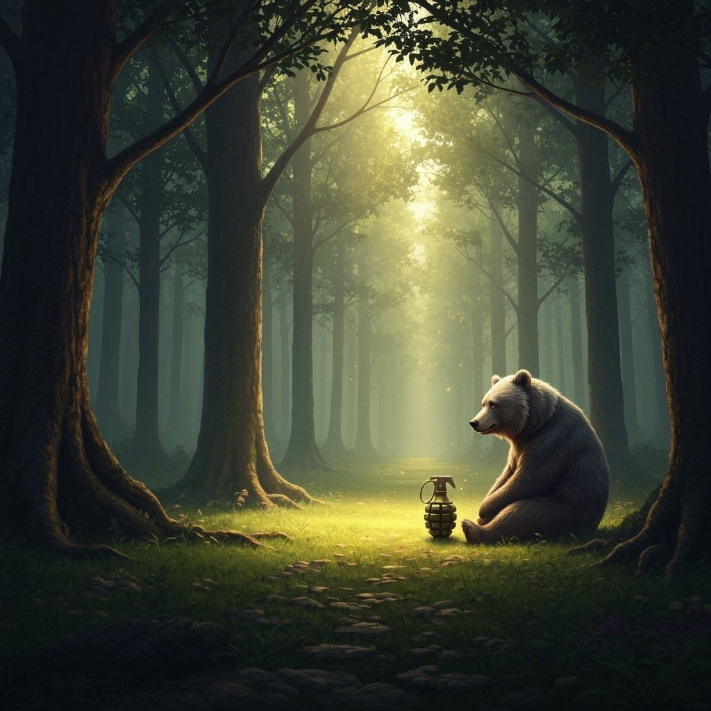 Wise Bear Contemplates Grenade in Forest Clearing