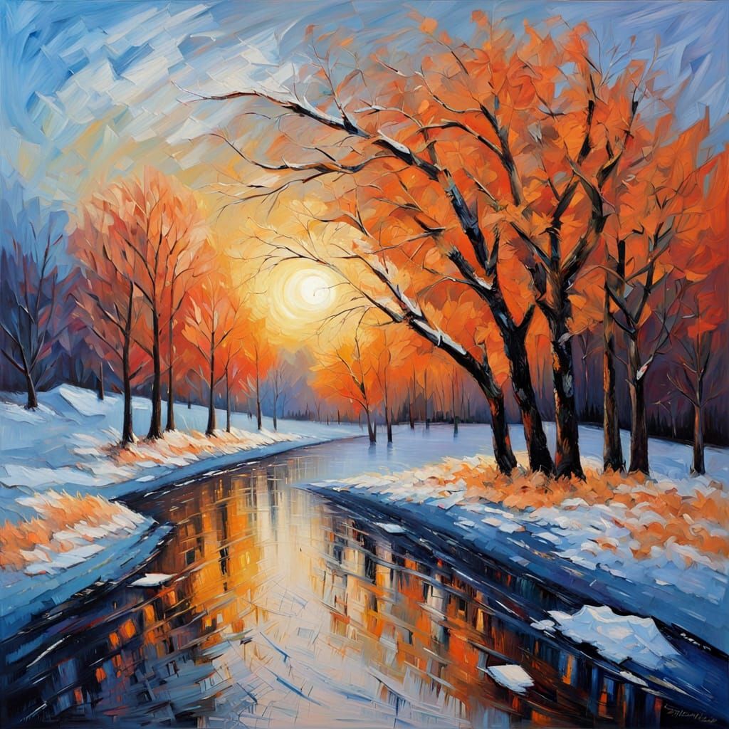 Winter Sunset Landscape in Impressionist Oil Style