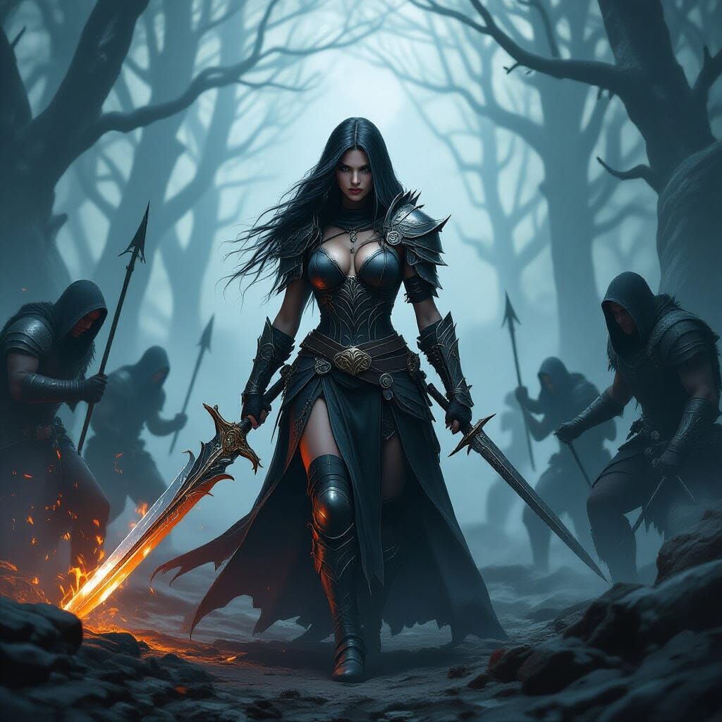 Victorious Dark Fantasy Warrior Leaving Enemies Behind