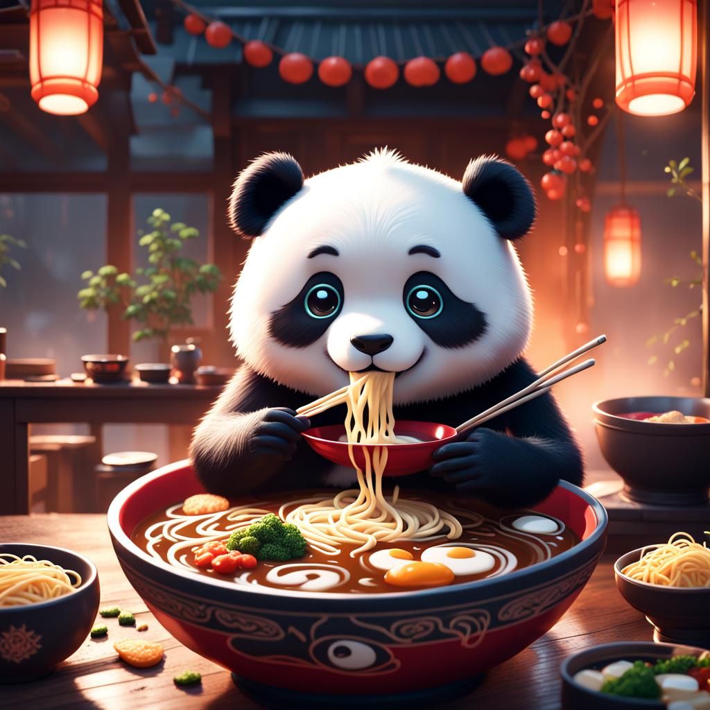 Kawaii Panda Eats Ramen: Detailed Digital Painting