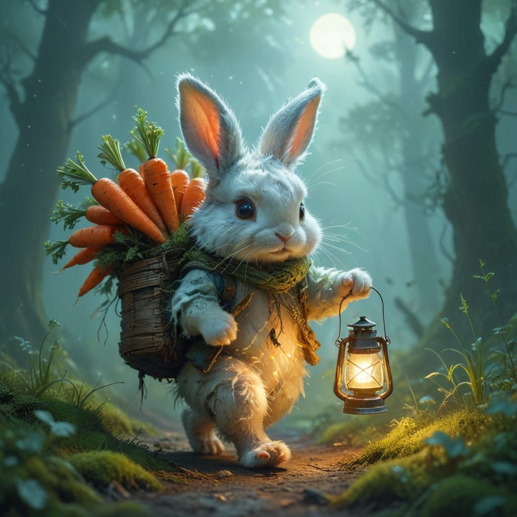 Cute Rabbit in Enchanted Forest, Fine Art