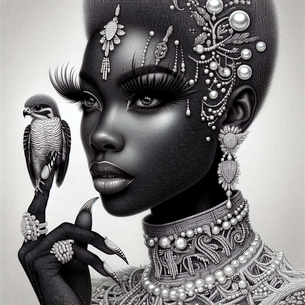 Monochromatic Pointillist Portrait with Hawk and Jewels