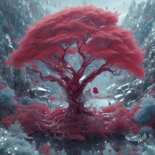 Crystal Tree on Floating Island in Japanese Ink Art