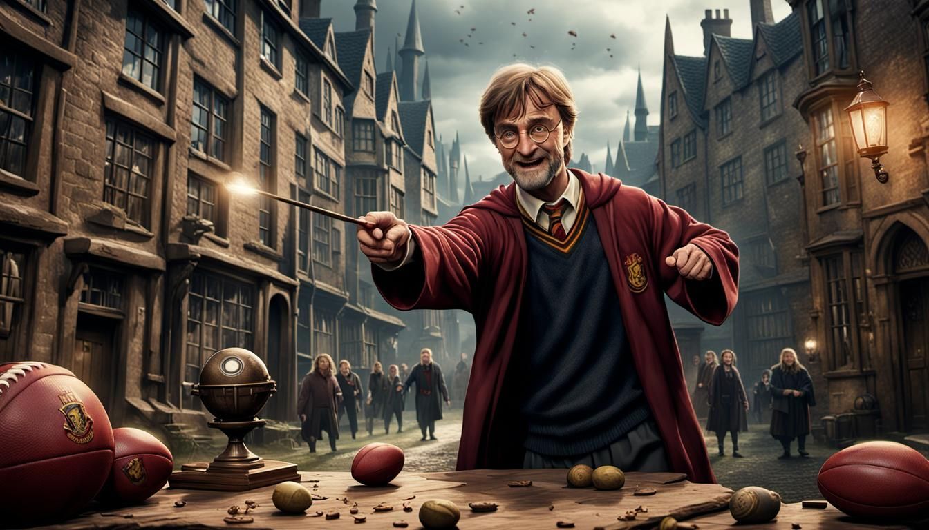 Wizard Points at Broken Rugby Ball, Digital Art