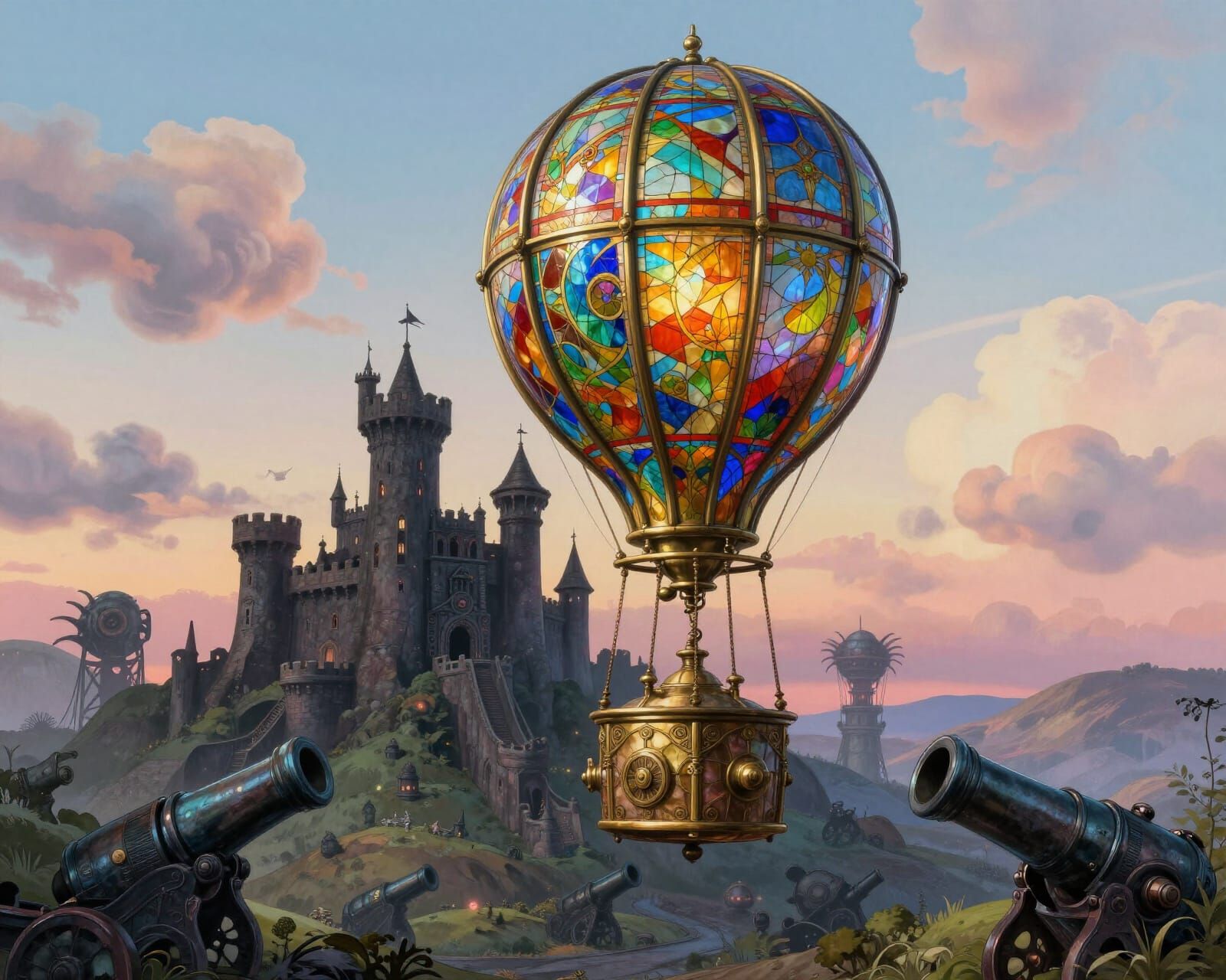 Stained Glass Balloon Over Sinister Fortress Art Nouveau Sty...