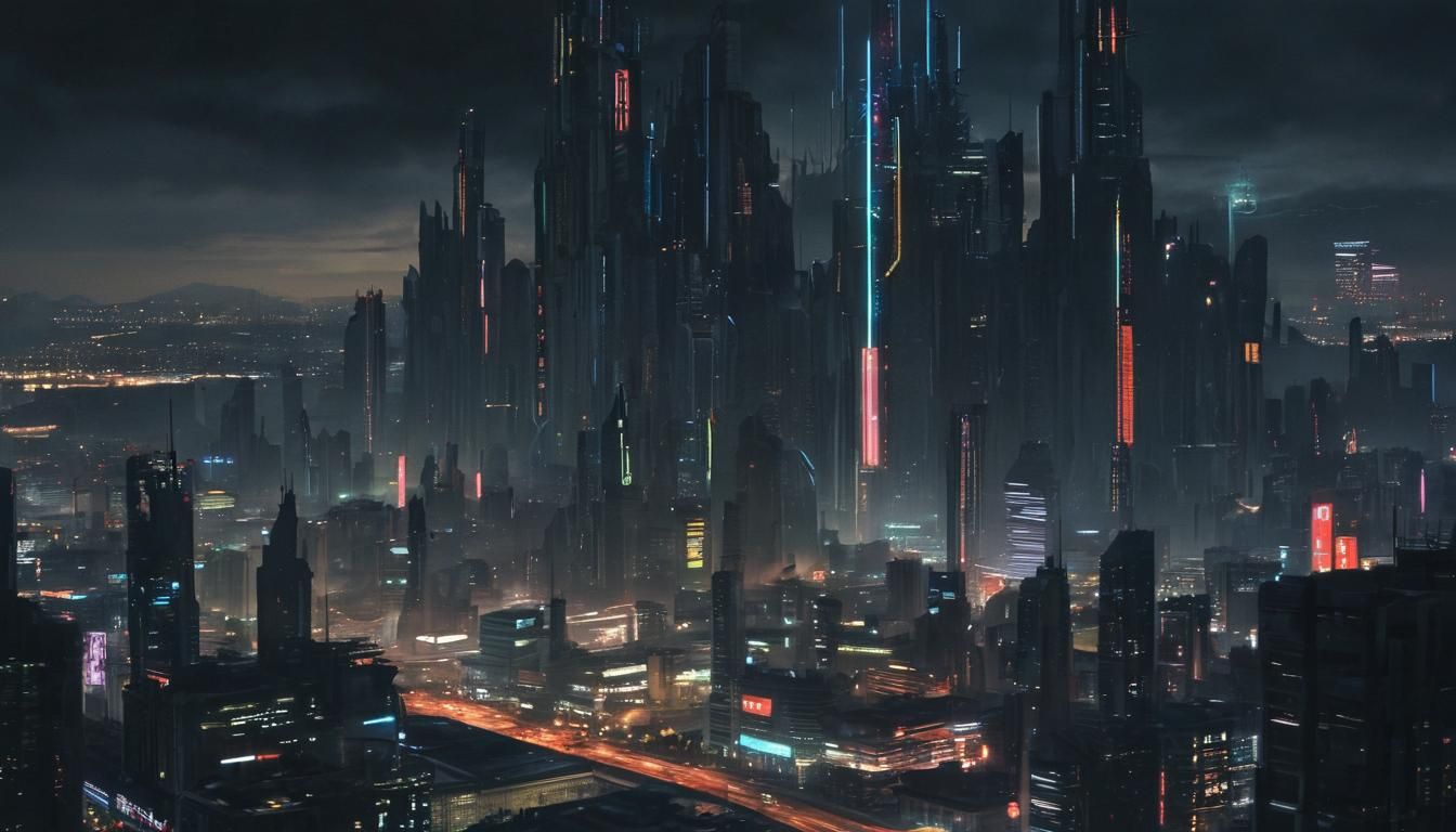 Futuristic Cityscape Poster with Lone Figure