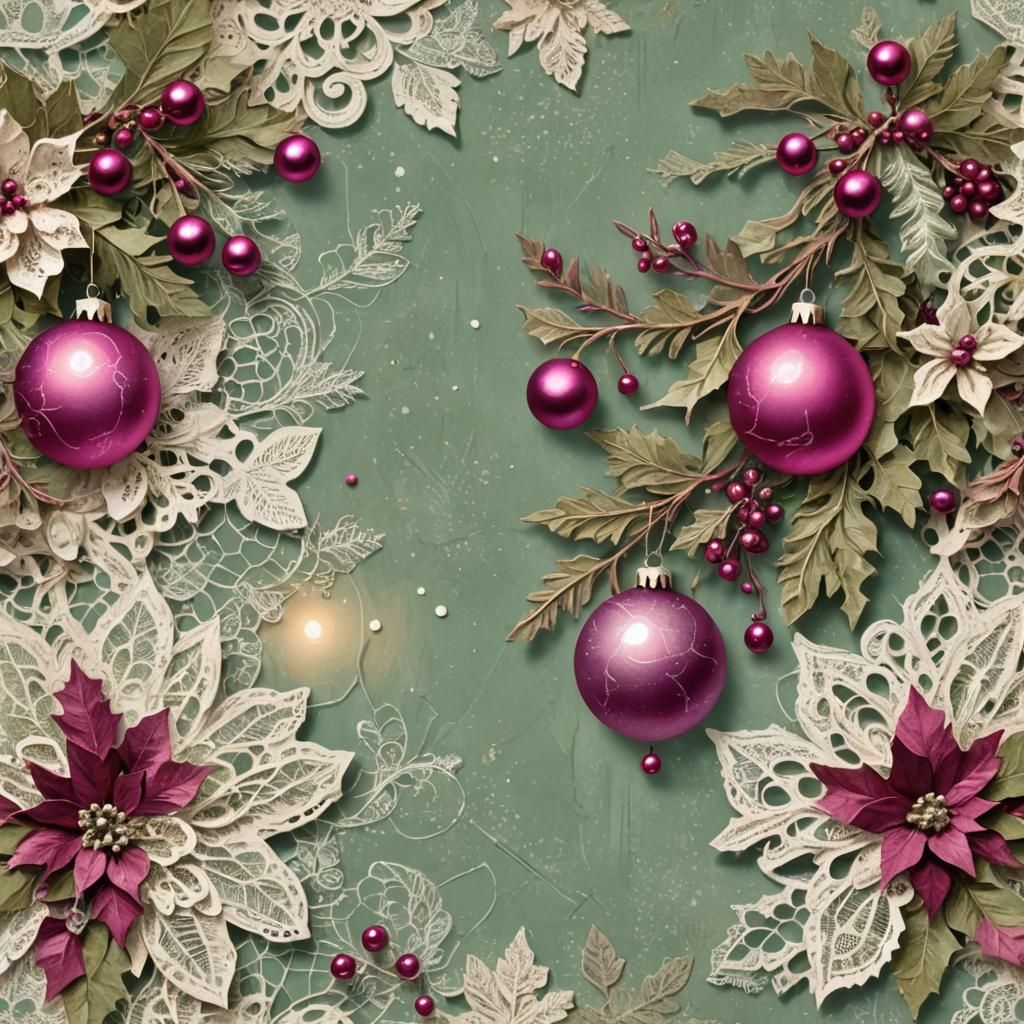 Vintage Christmas Scene in Rich Sage Green and Magenta