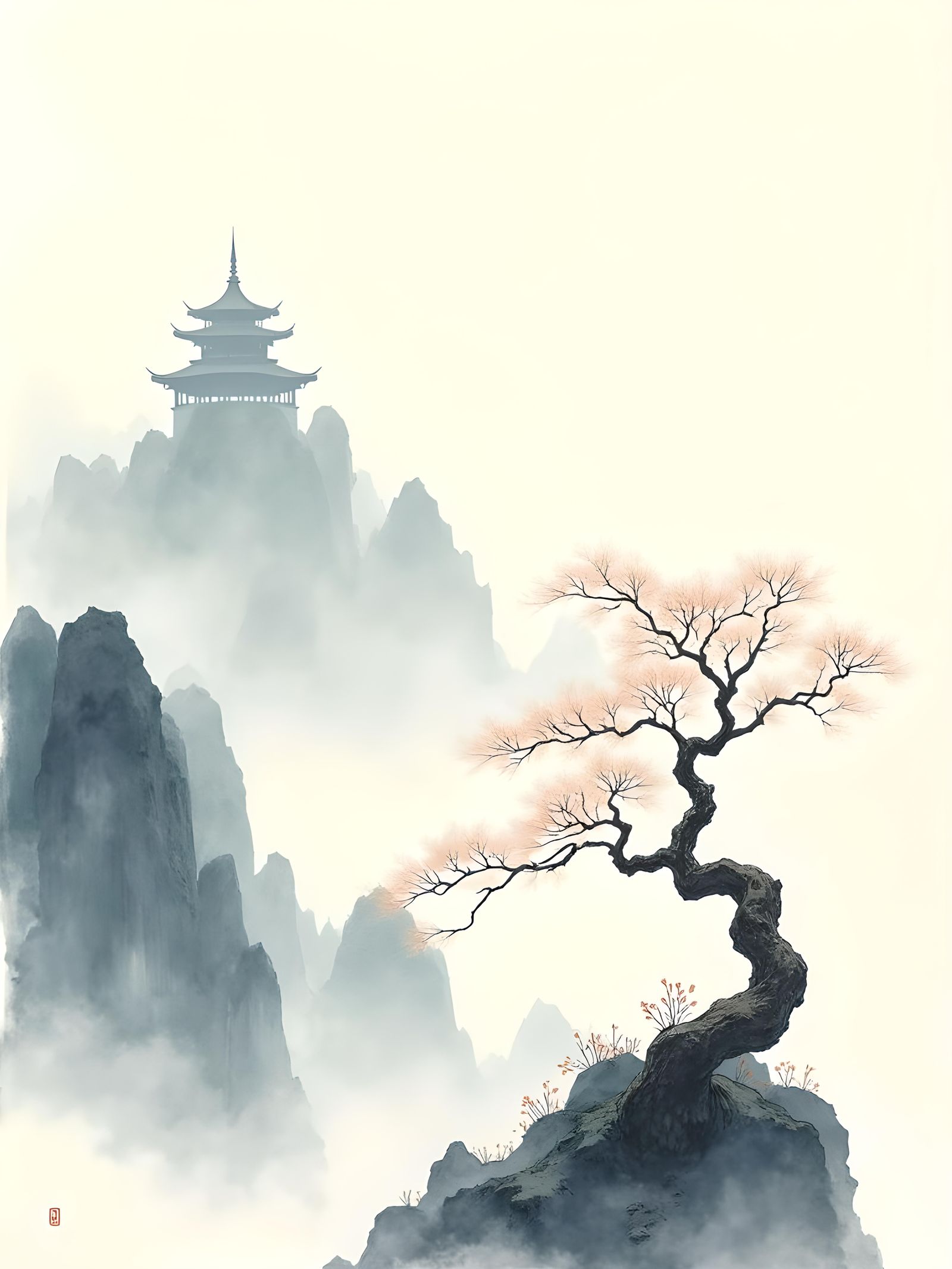 Mountain Temple in Watercolor