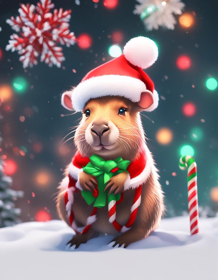 Delightful Christmas Capybara in Vibrant 3D Anime Style