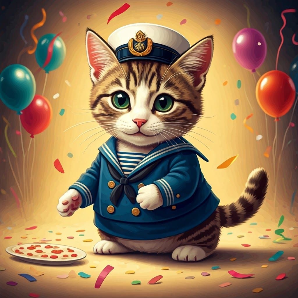 Whimsical Tabby Kitten Celebrates New Year in Sailor Suit