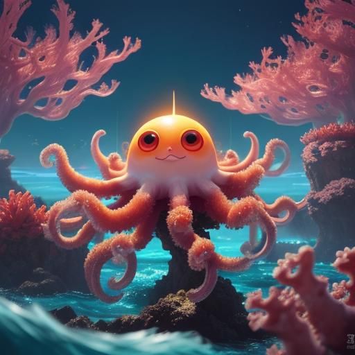 Cute Spider Octopus in Ocean Coral, Anime Art