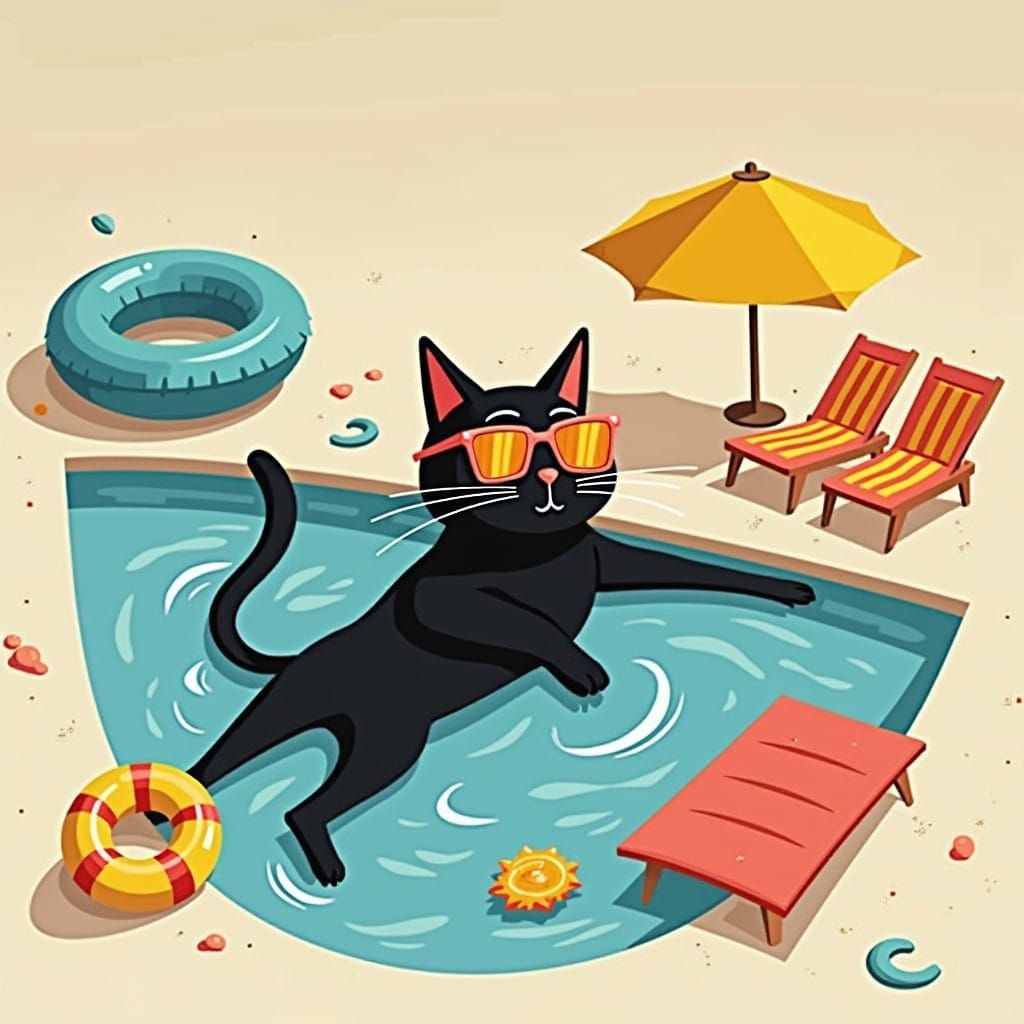 Sunglasses-Wearing Cat Soaks Up the Sun by the Pool