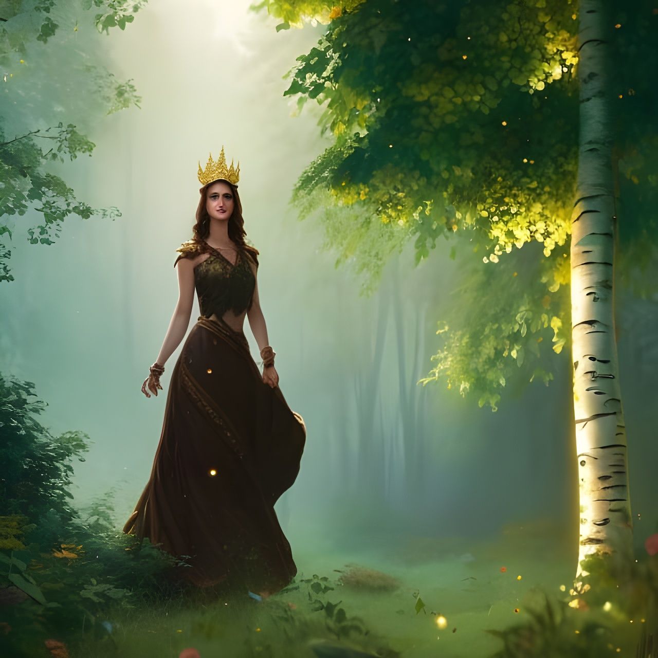 Woman in Floral Crown in Lush Fantasy Garden