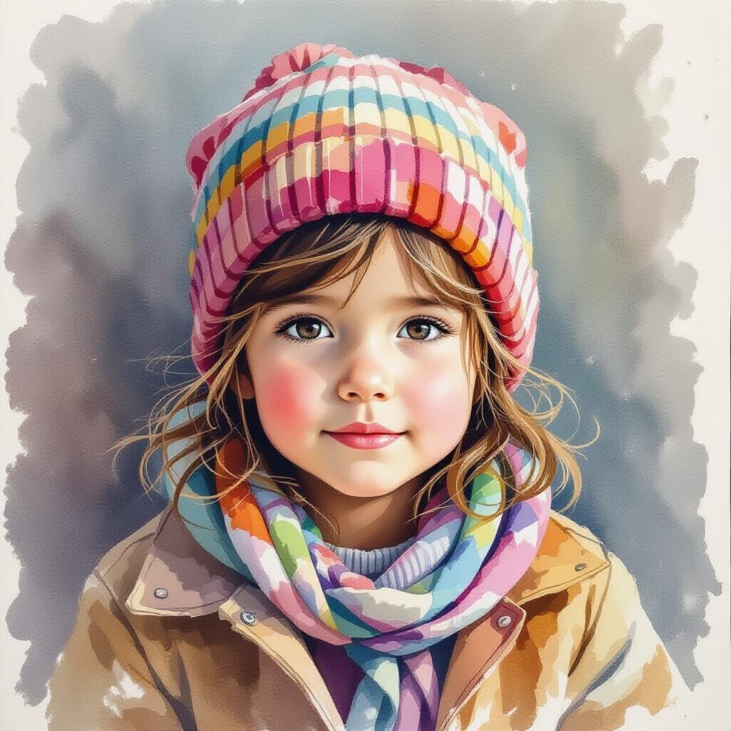 Peruvian Child in Hat, Watercolor Style