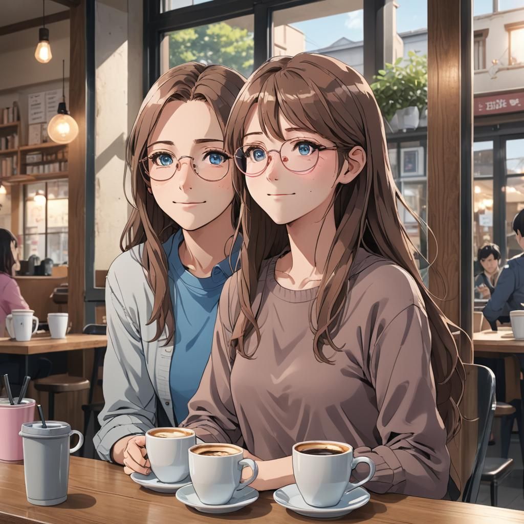 Anime Style Coffee Shop Scene with Manga Characters