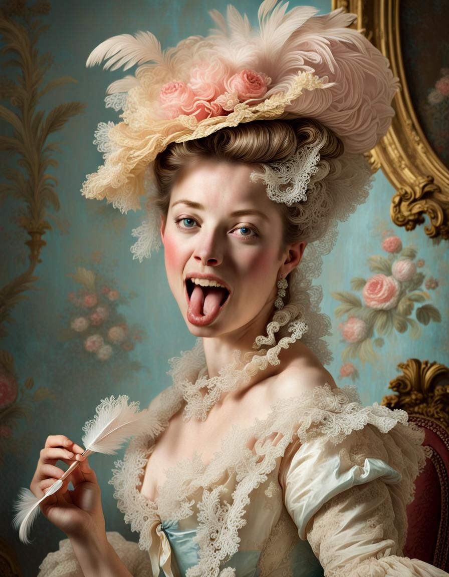 Elegant Lady Sticking Tongue Out: Rococo Portrait