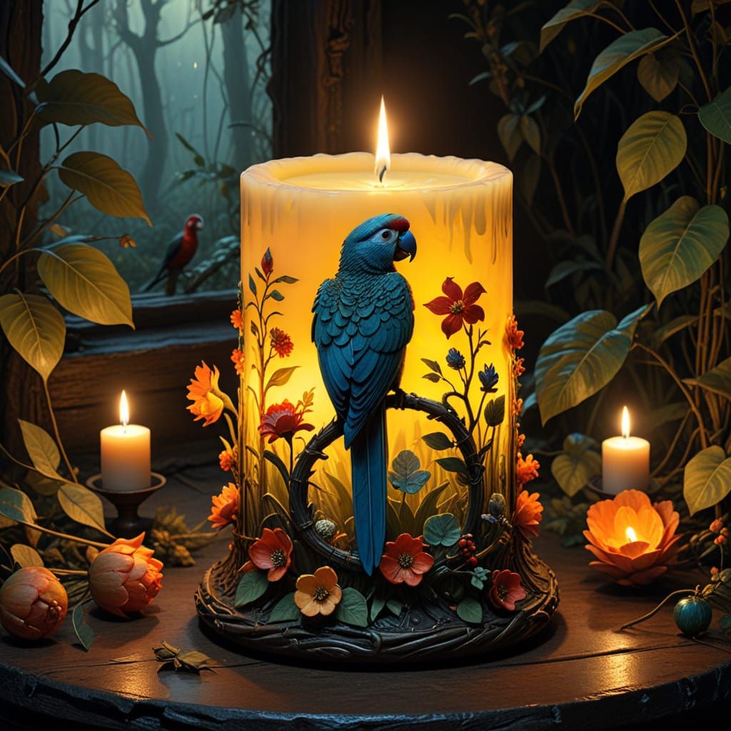 Vibrant Candle Jungle Scene in Whimsical Fairy-Tale Style