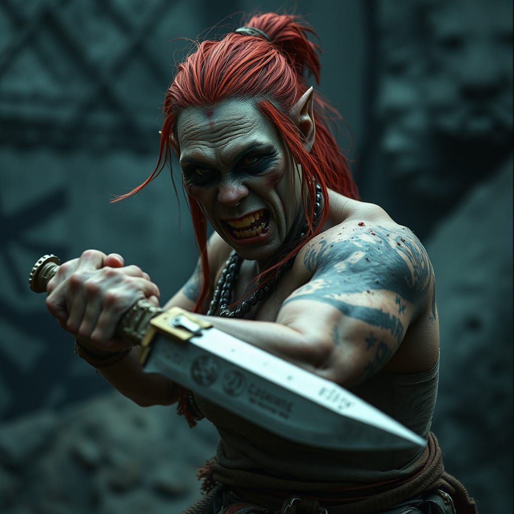 Gritty Female Ogre Wields Flint Knife in Dark Fantasy Battle...