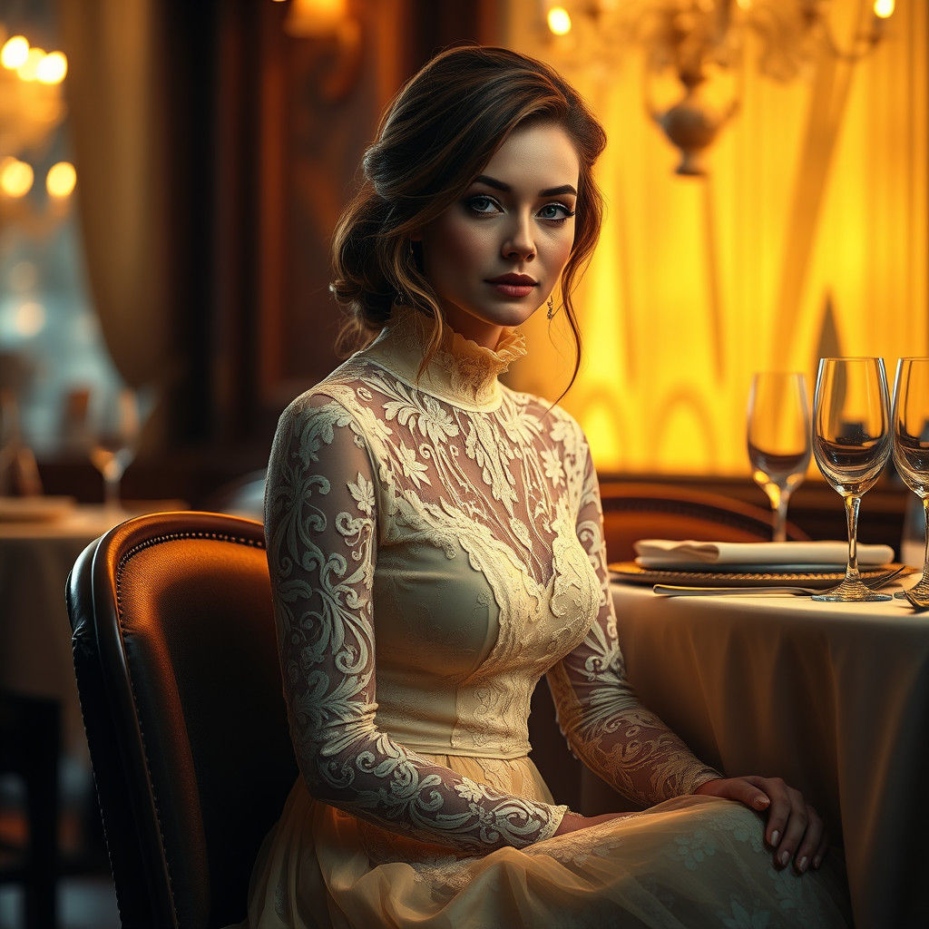 Woman in Yellow Lace Dress, Detailed Matte Painting