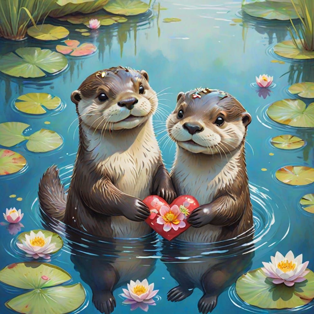 Romantic Otter Couple in Whimsical Cartoon Style