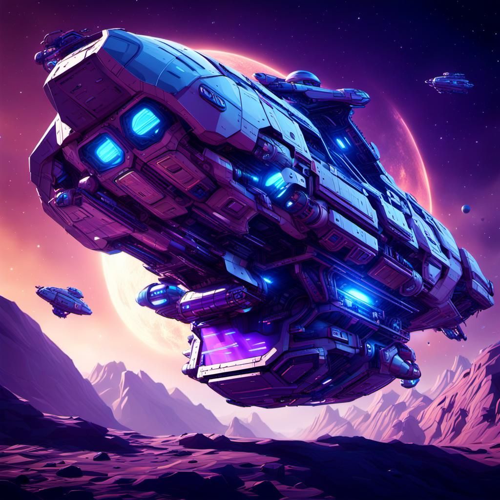 Sci-Fi Cargo Spaceship Orbiting Distant Planet