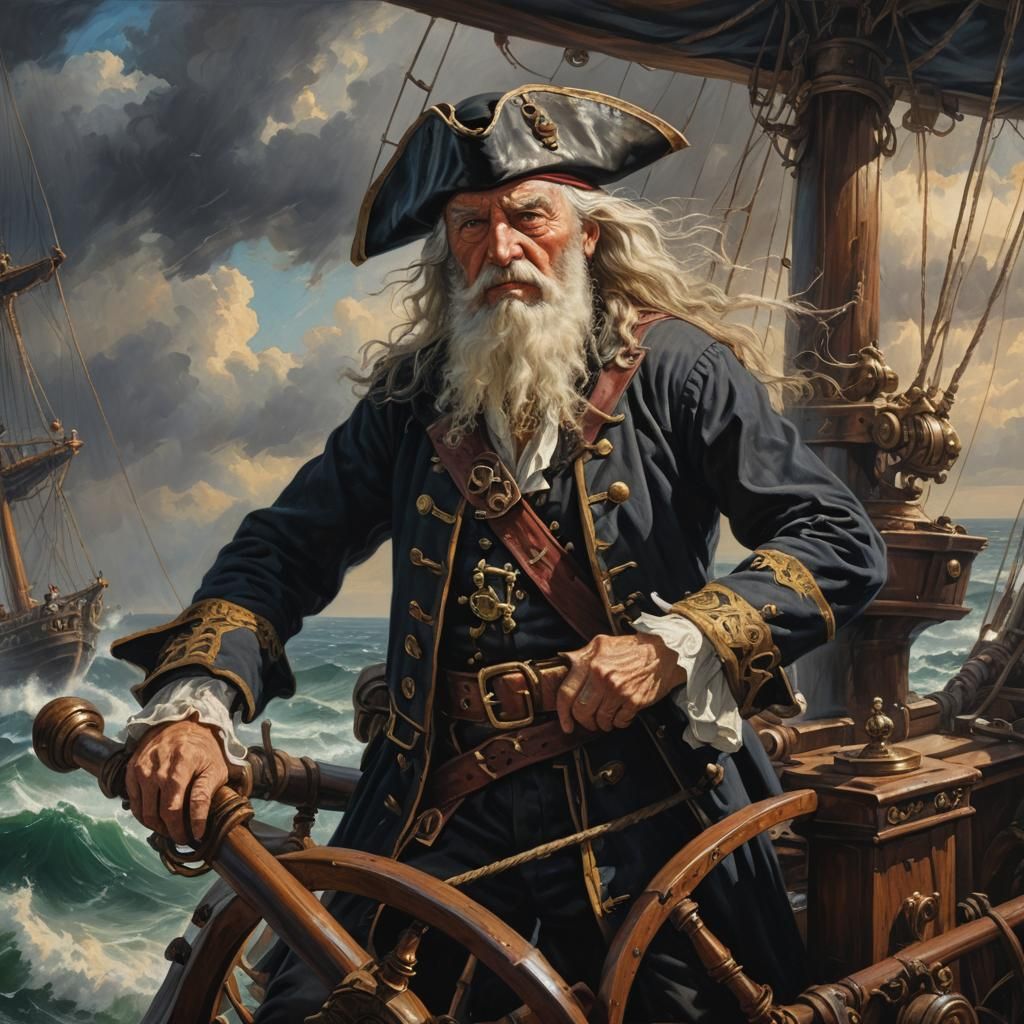 Fearsome Pirate Captain Commands Ship, Oil Painting