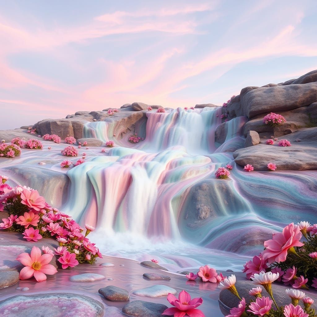 Multicolored Waterfall on a Lunar Landscape
