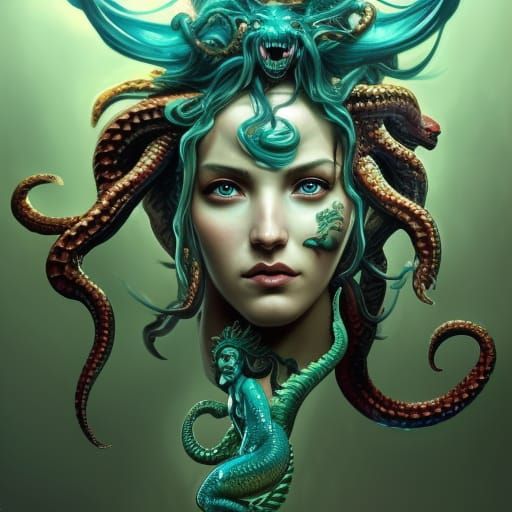 Demon Gorgon Medusa Mermaid Portrait in Hyperdetailed Style