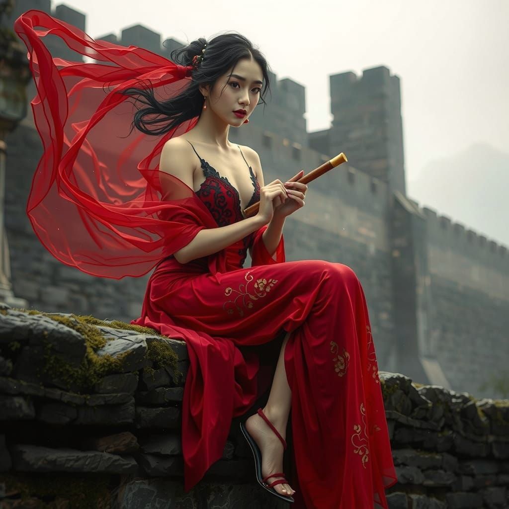 Ethereal East Asian Enchantress on Ancient Stone Wall