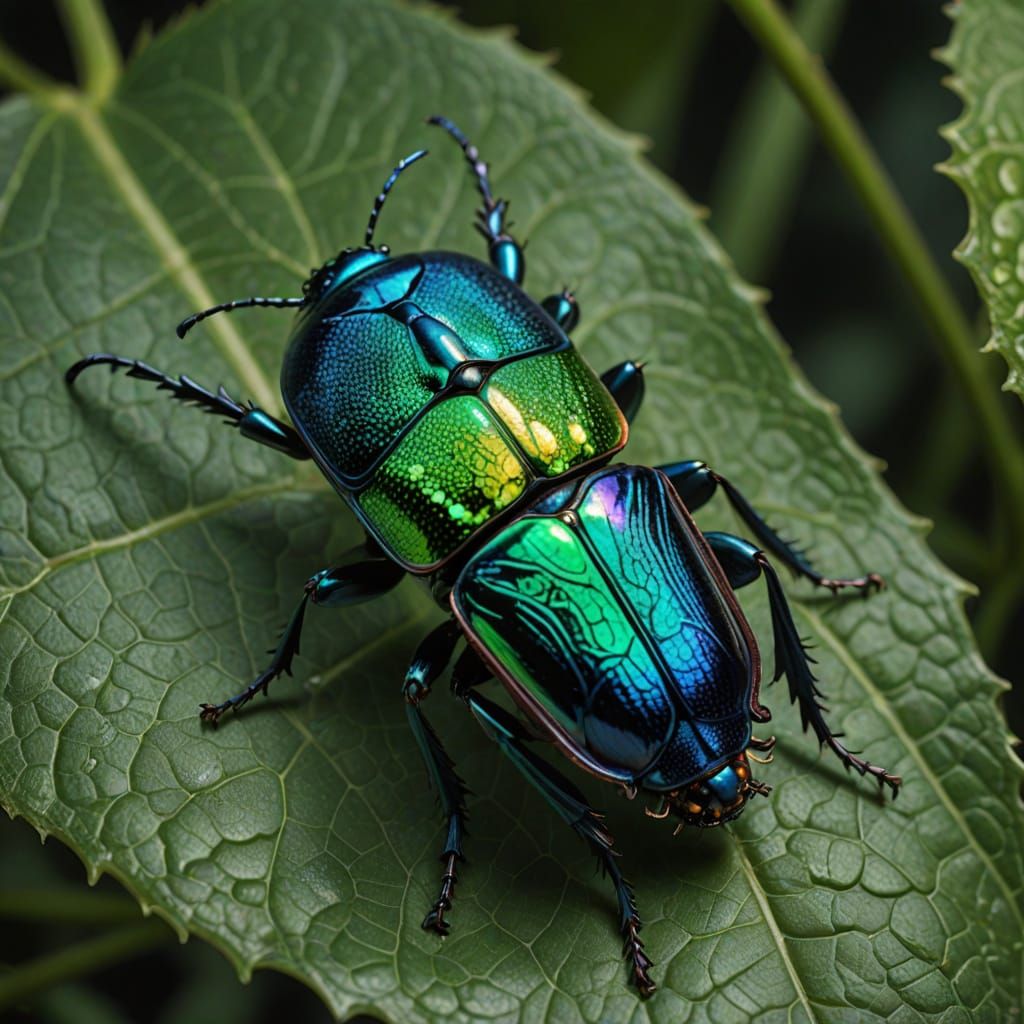Close-Up Macro Photo of Iridescent Beetle on Leaf