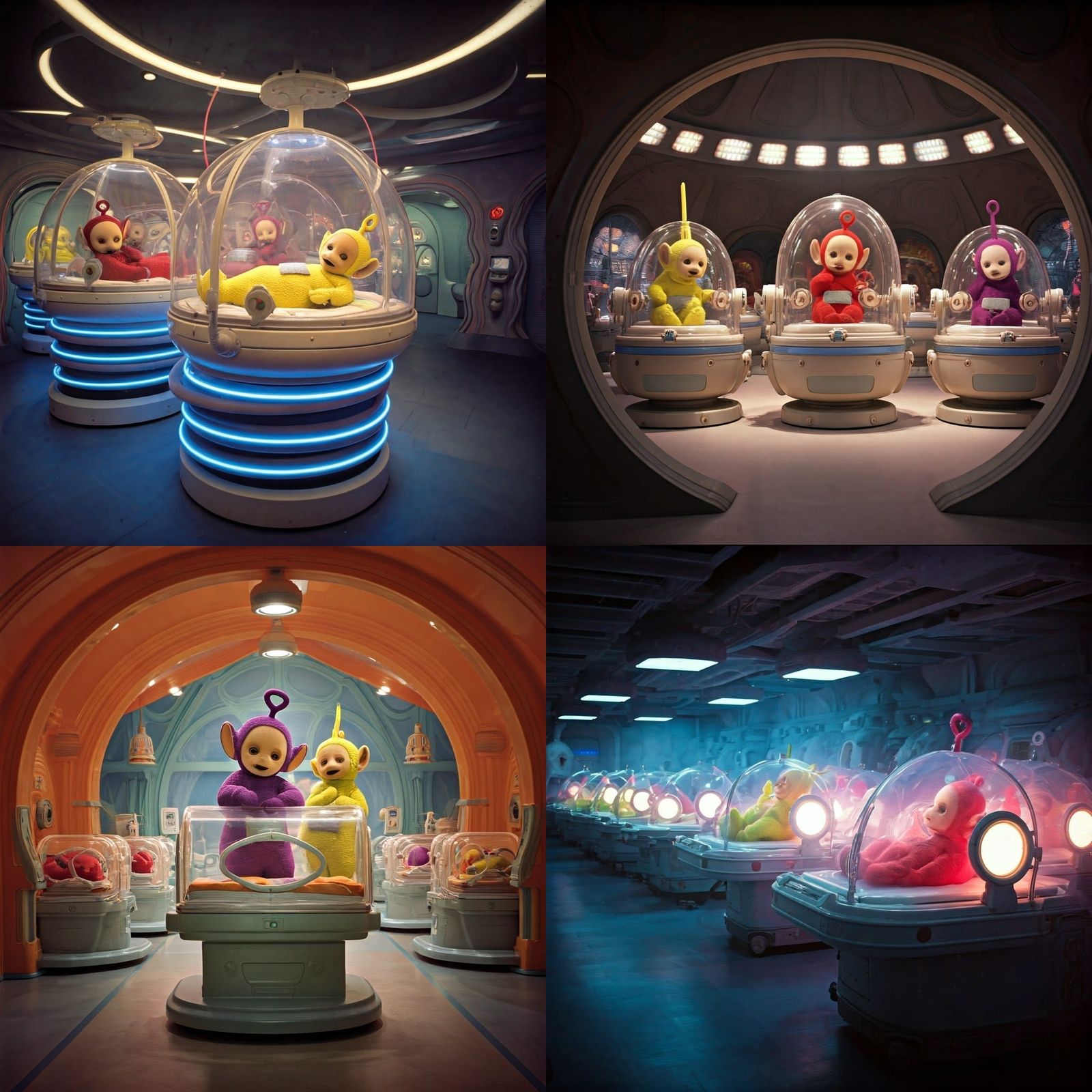 Teletubbies in Futuristic Neon Hospital Nursery