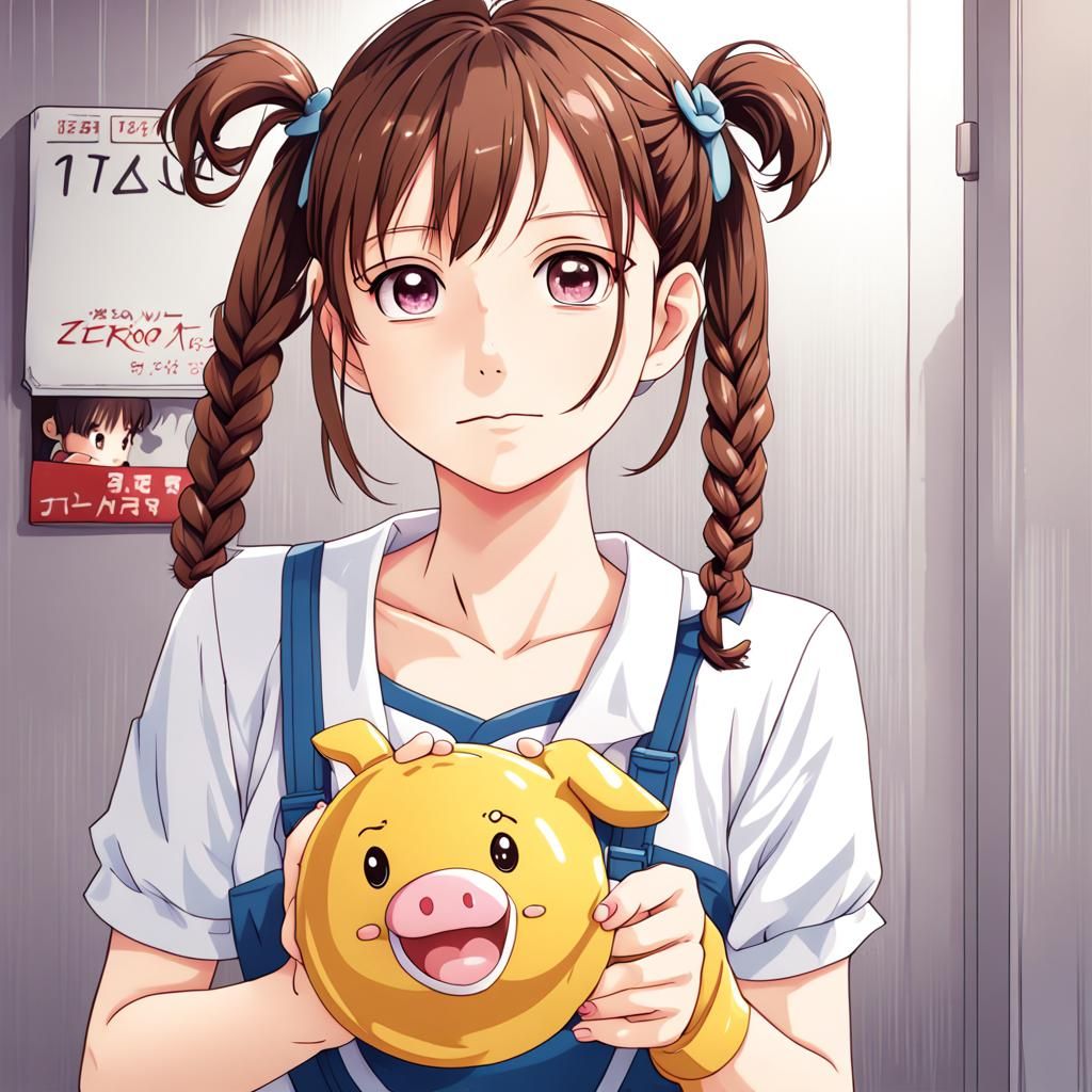 Anime Style Girl with Pigtails and Toy
