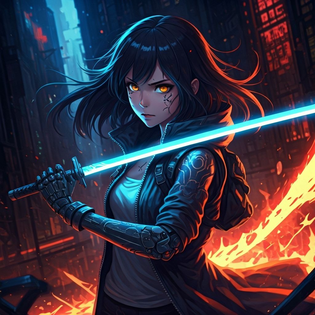 Anime Cyberpunk Girl in Action with Energy Sword