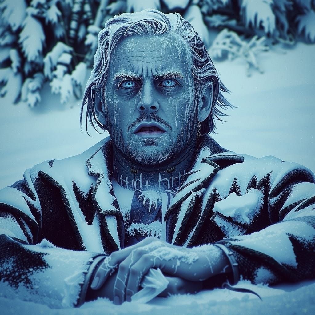 Epic Cinematic Portrait of Frozen Jack Torrance in Snowy Lan...