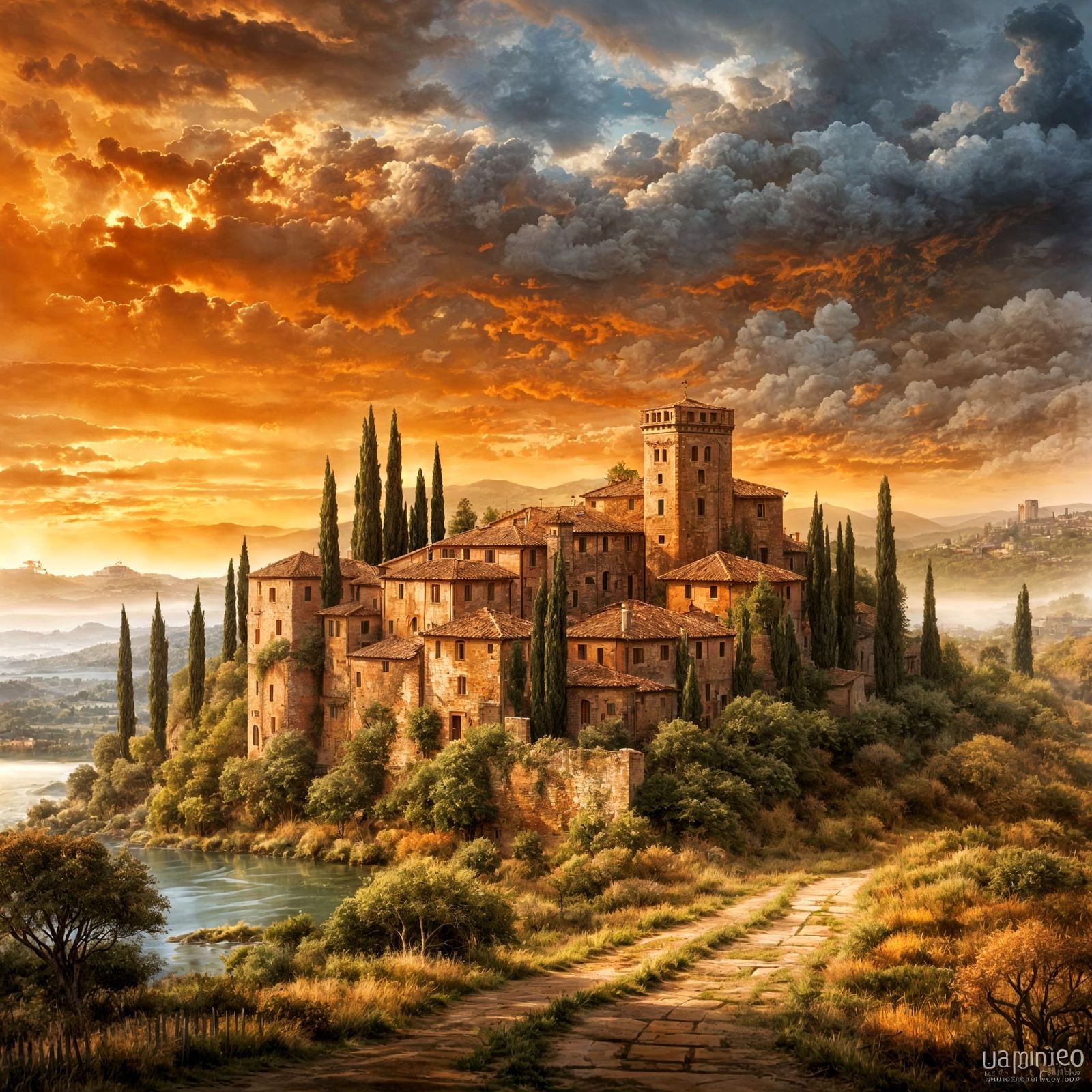 Tuscany Sunset Landscape in Luis Royo Style