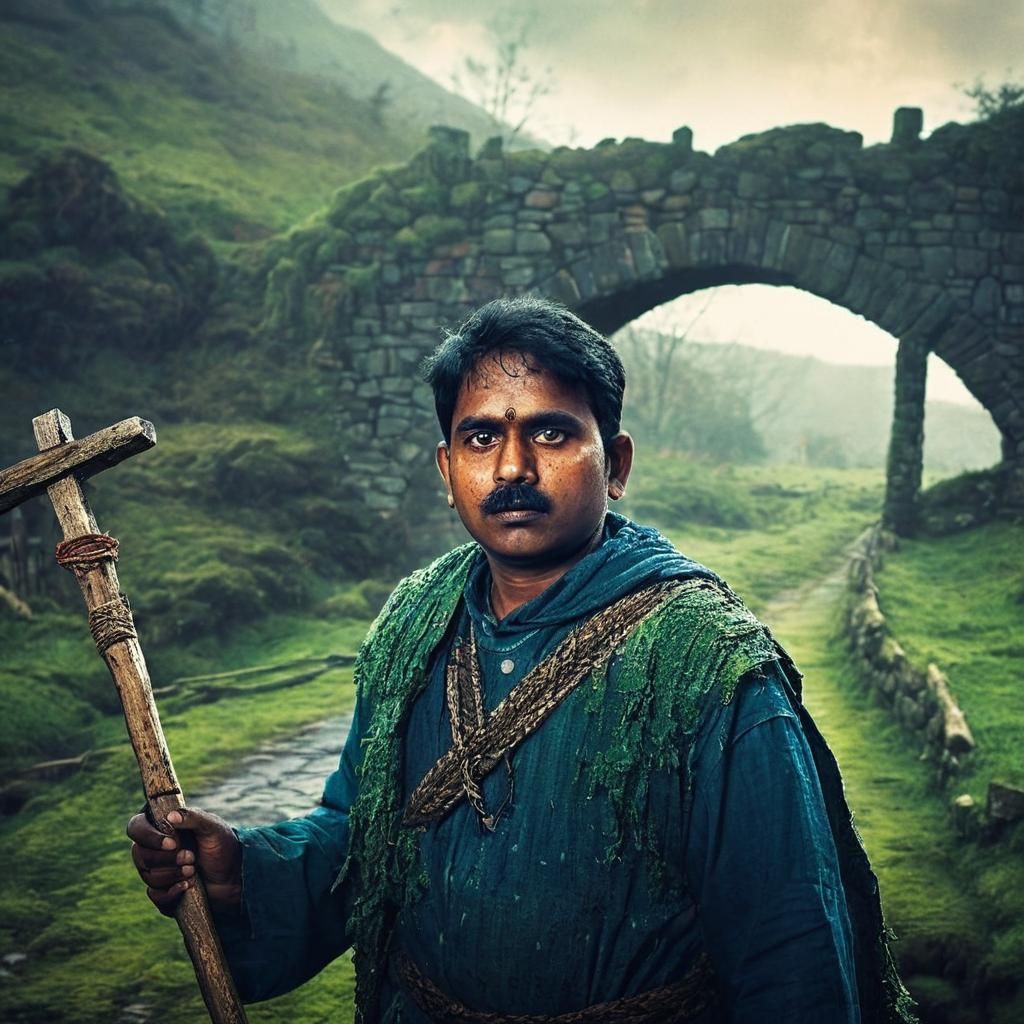 Peasant Crossing Bridge in Medieval Scotland, Fantasy Art