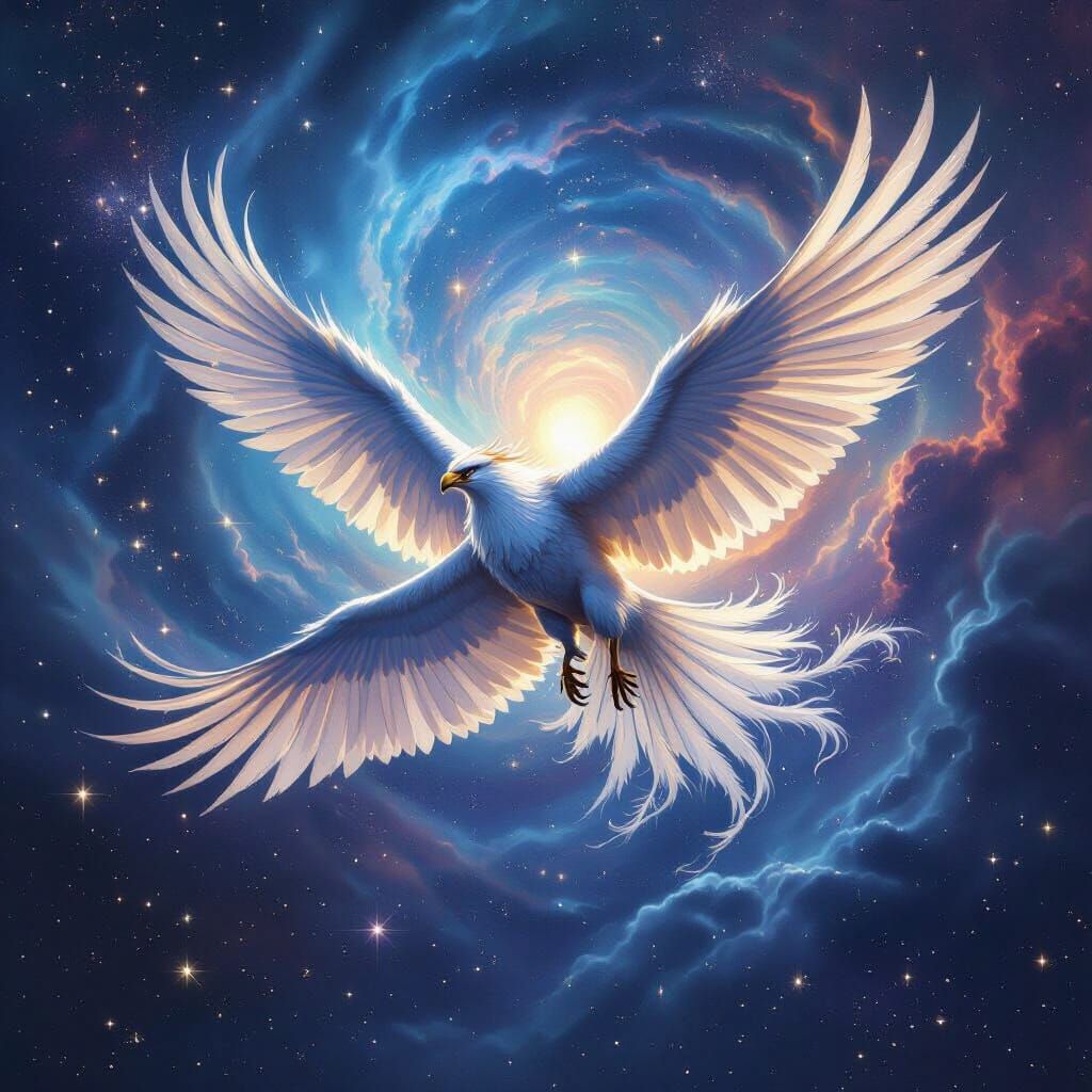 Griffin Soaring Through a Cosmic Nebula