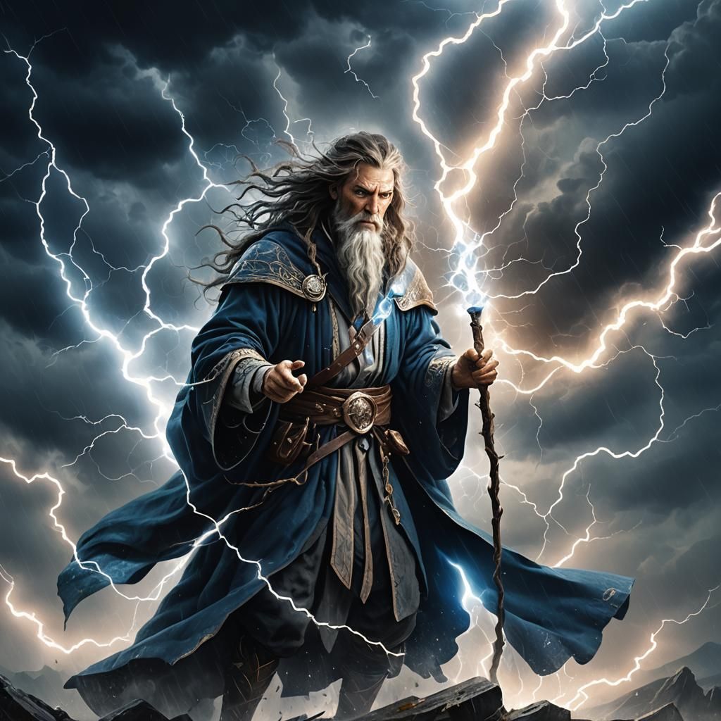 Wizard Wielding Staff of Thunder and Lightning