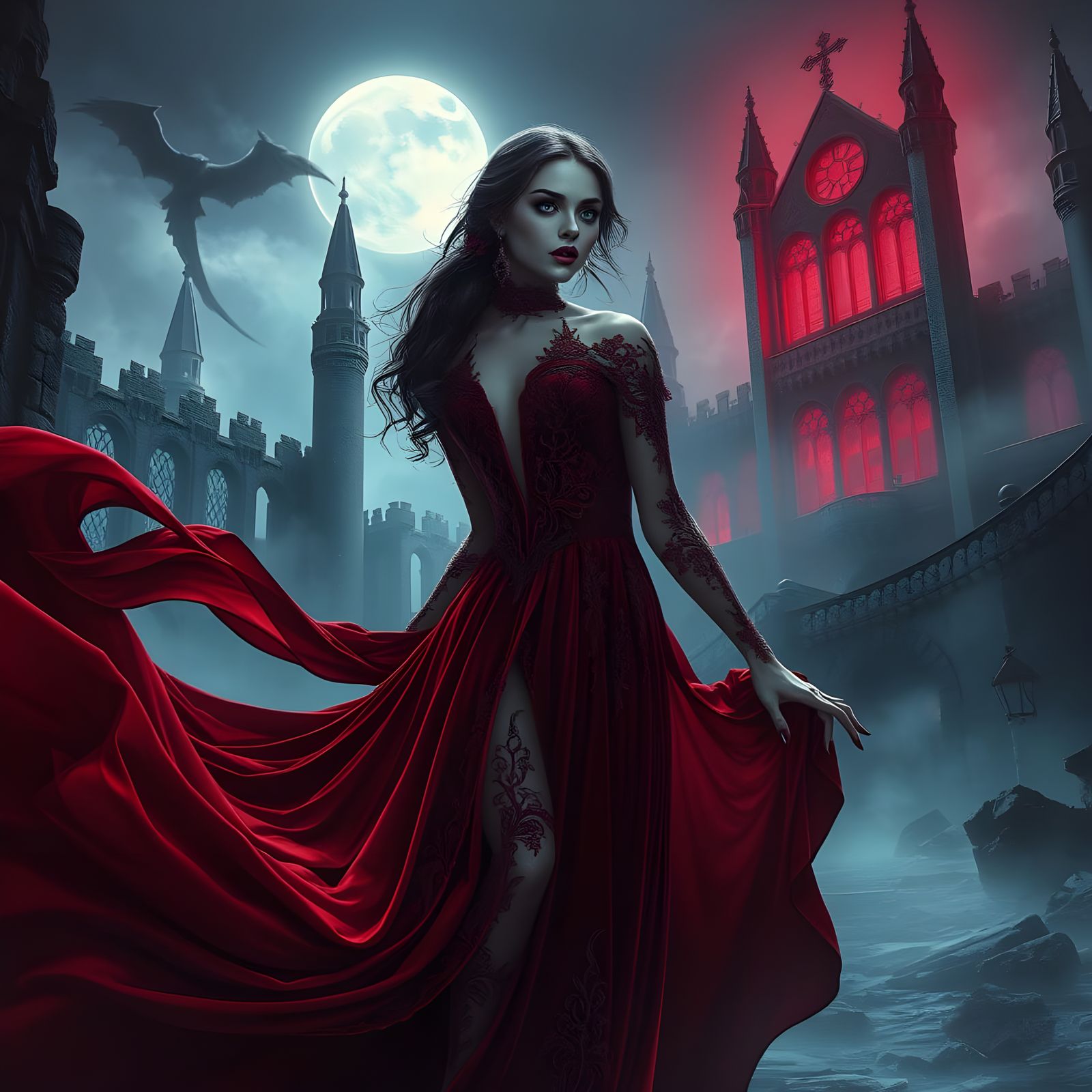 Mysterious Vampire Goddess in Crimson Velvet, Gothic Castle ...