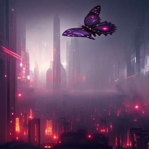 Robot Butterfly in Dystopian Cyberpunk City