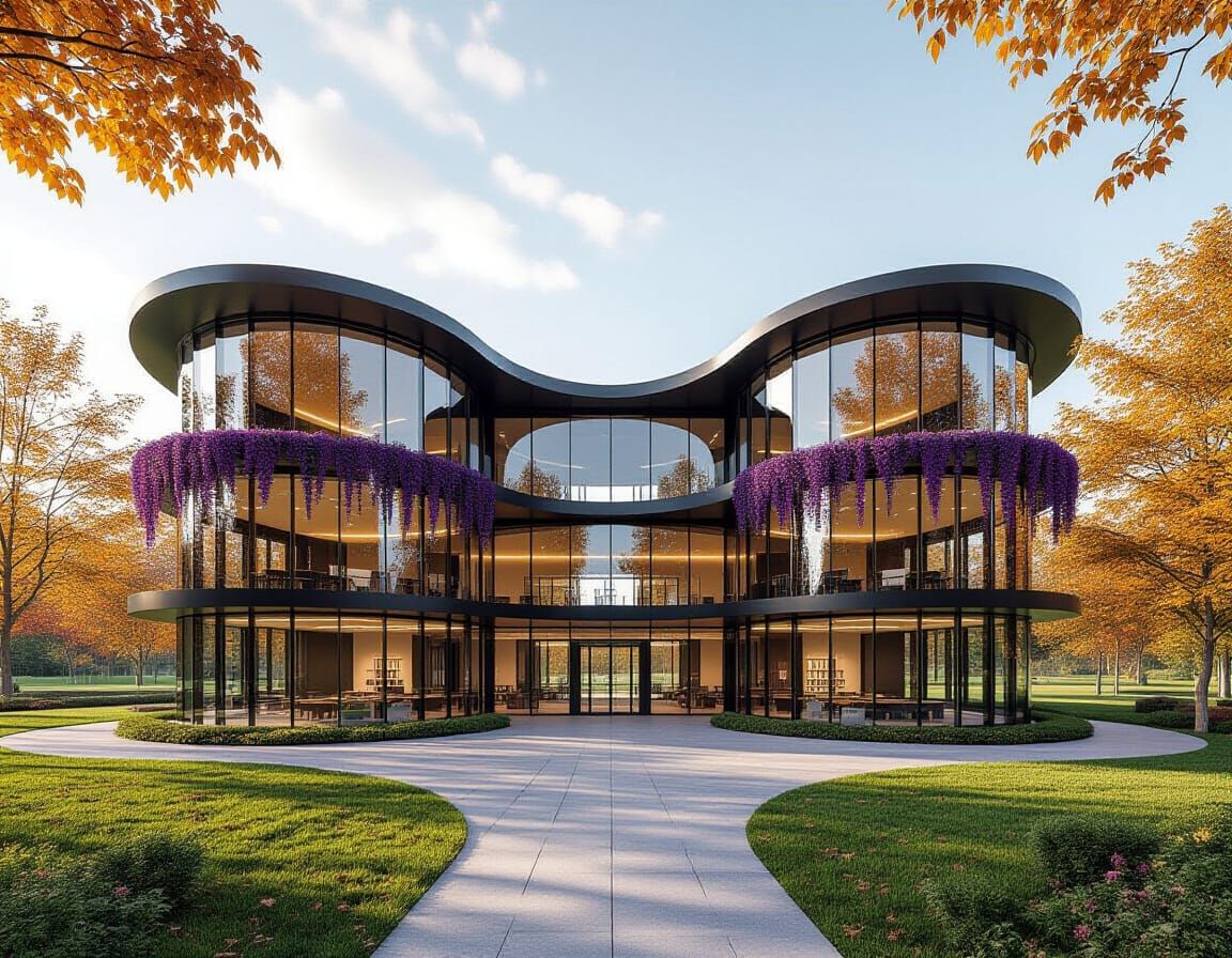 Modern School Architecture with Whimsical Autumn Scenery