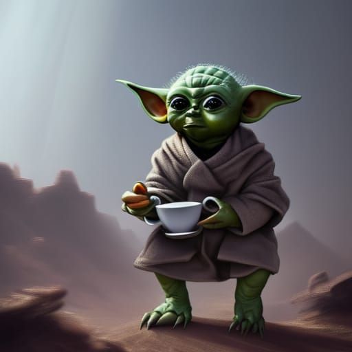 Baby Yoda Sipping Soup in Futuristic Desert