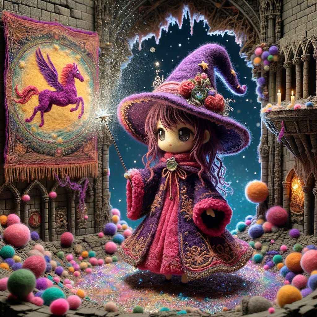 Chibi Witch in Felted Pom Pom Air Castle