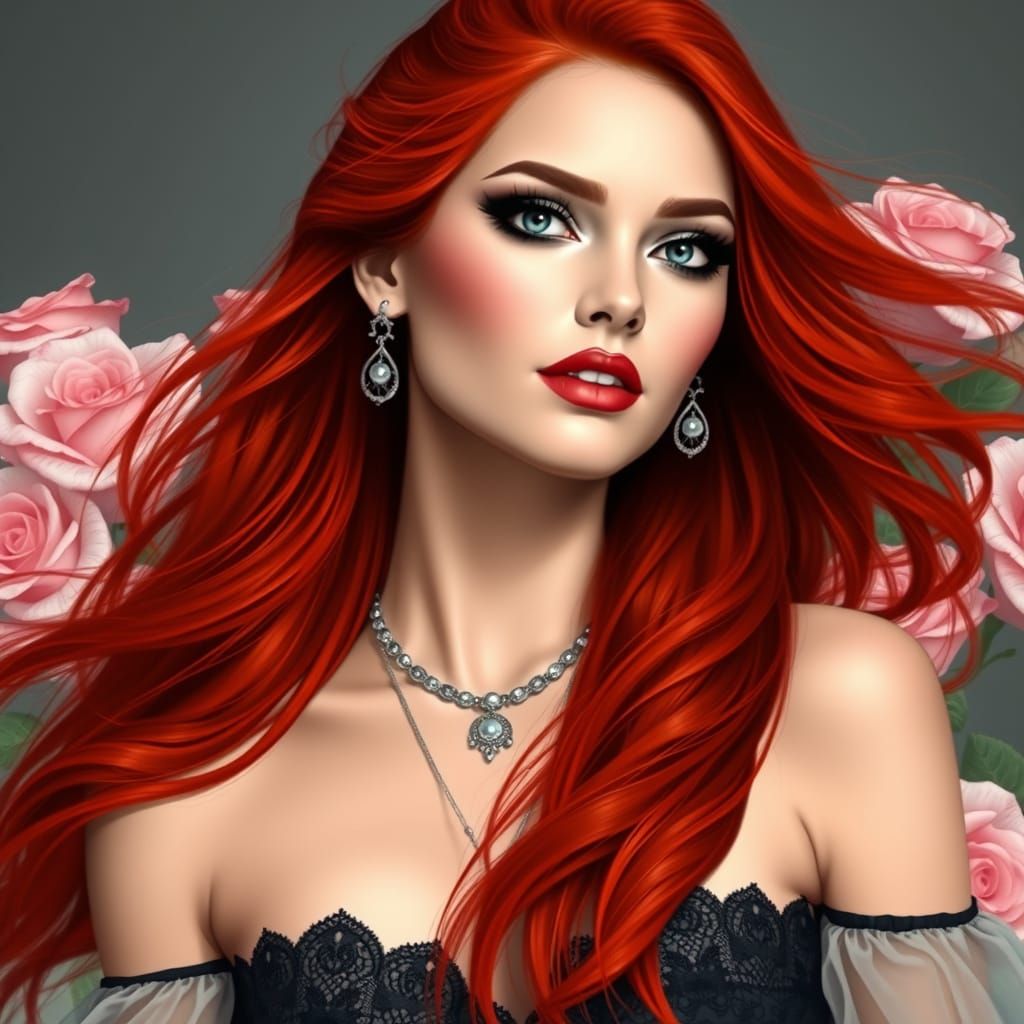 Ethereal Goddess with Long Red Hair and Black Accents