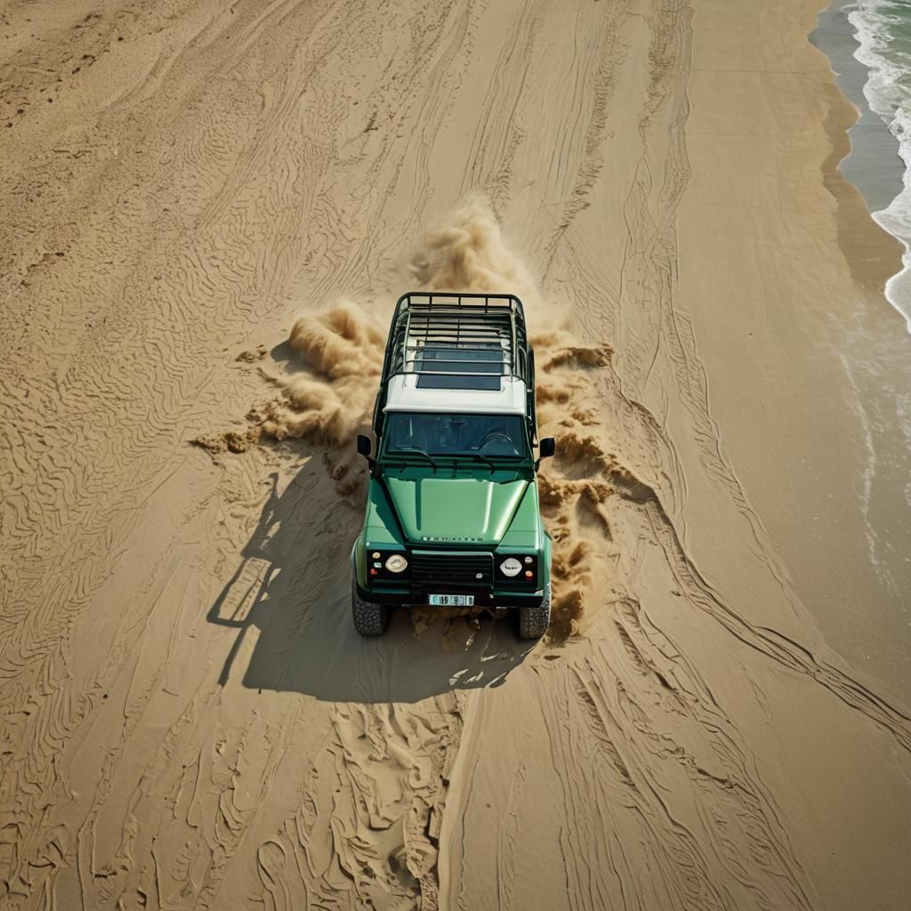Green Land Rover Defender 110 on Tel Aviv Beach