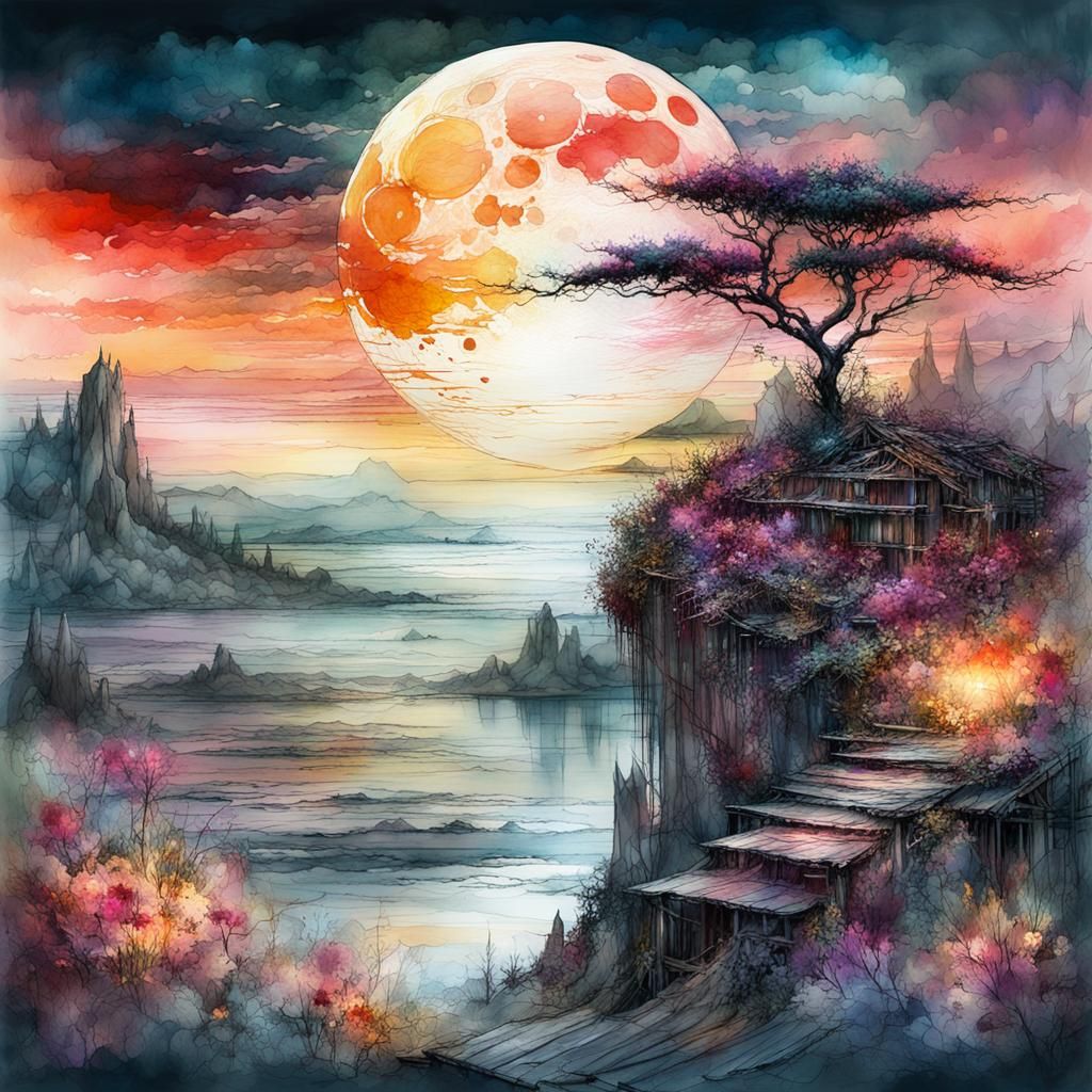 Bloodmoon Summerscape Sunset in Watercolor Style