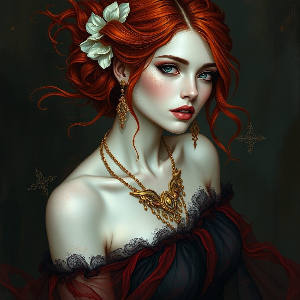 Enchanting Bohemian Goddess in Crimson and Gold