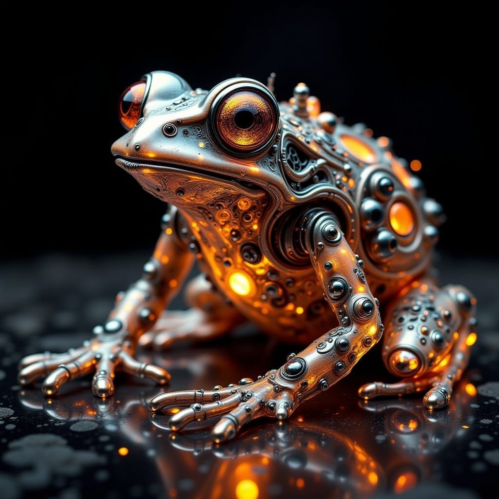 Steampunk Cybernetic Frog with Visible Clockwork Innards